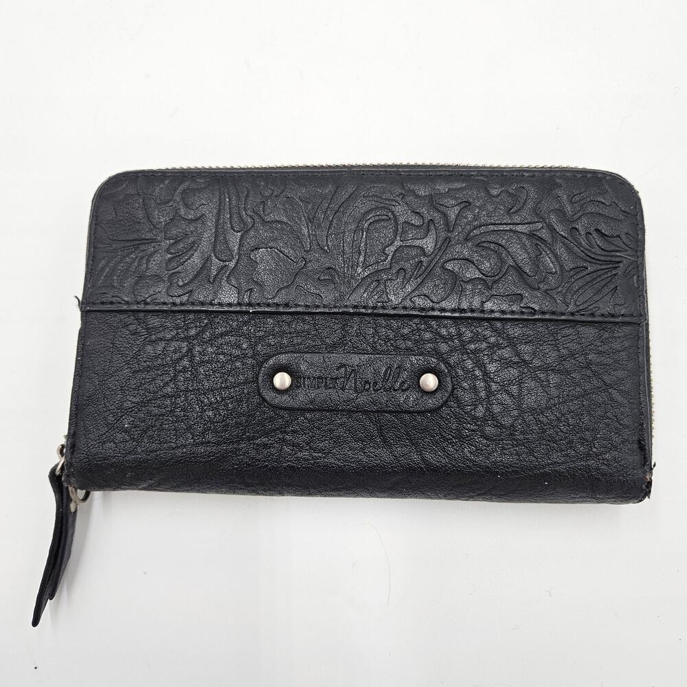 Simply Noelle Vegan Pebbled Leather Zip Around Wallet Embossed Floral Vines
